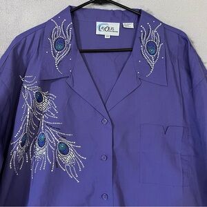 Las Olas Purple 3X Shirt Embellished Peacock Feather Button Up Womens plus